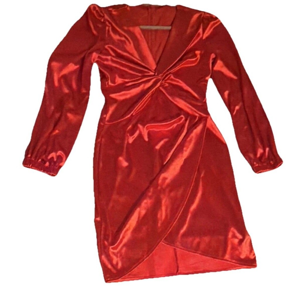 Women Dress Red Satin Twist Front Long Sleeve V-Neck Wrap Dress Short evening